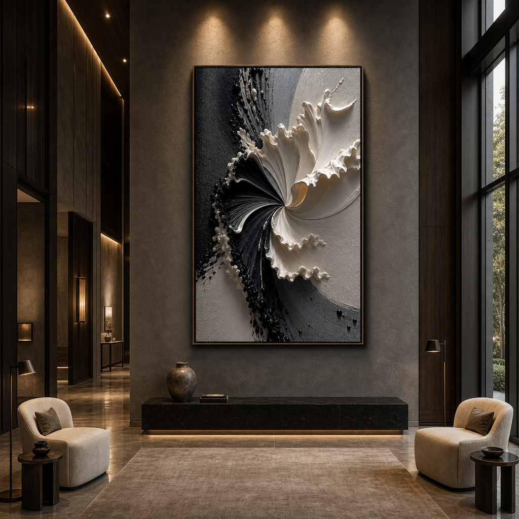 ECLIPSE IN BLOOM: Black and White Textured Abstract Painting with Sculptural Depth