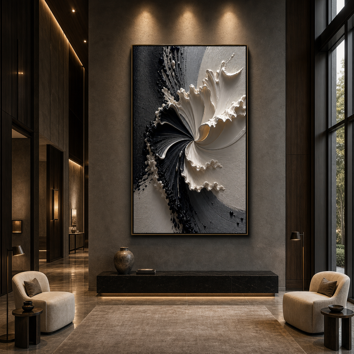 ECLIPSE IN BLOOM: Black and White Textured Abstract Painting with Sculptural Depth