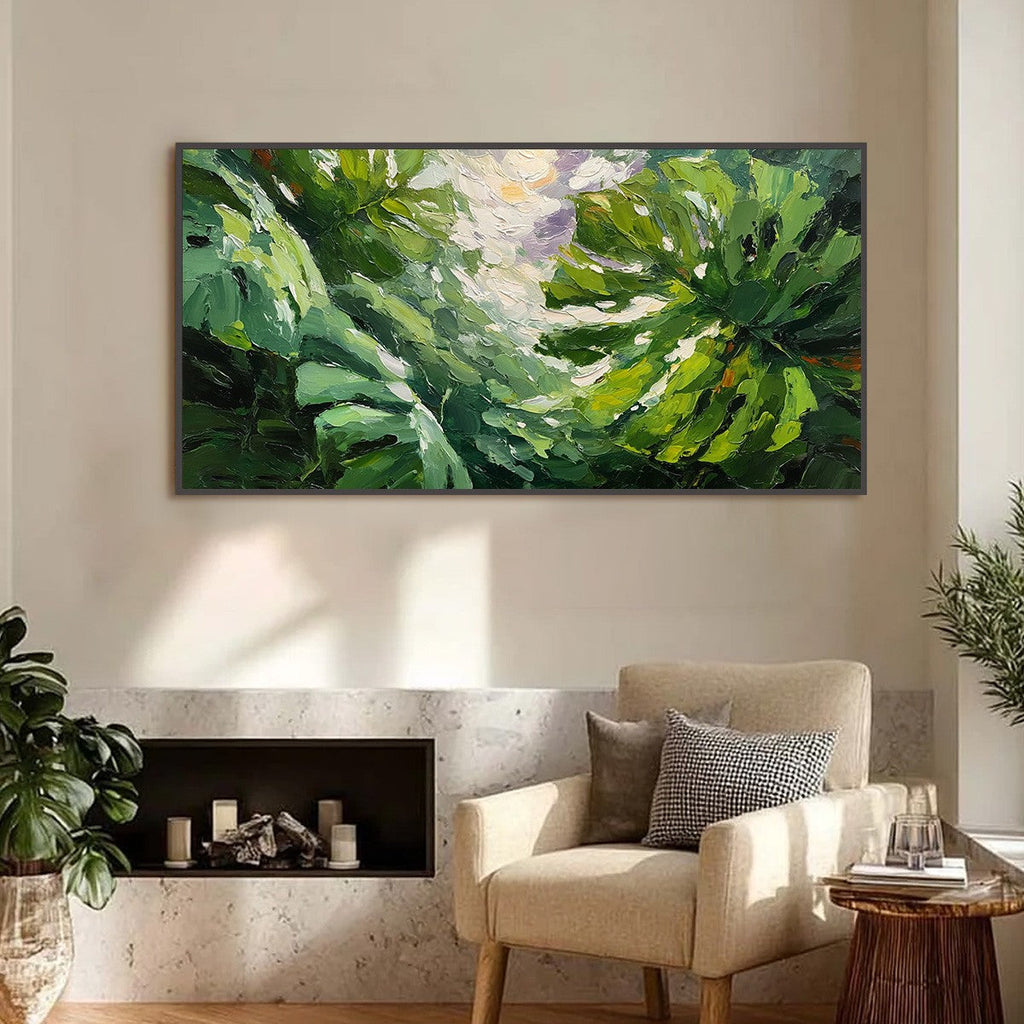EMERALD GAZE: Textured Palette Knife Painting of Sunlit Tropical Leaves