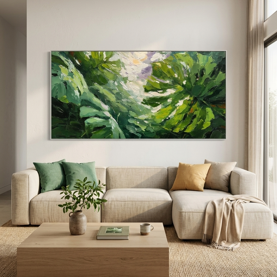 EMERALD GAZE: Palette Knife Impasto Sunlit Tropical Leaves Canvas