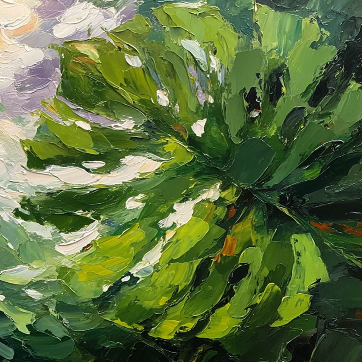 EMERALD GAZE: Textured Palette Knife Painting of Sunlit Tropical Leaves