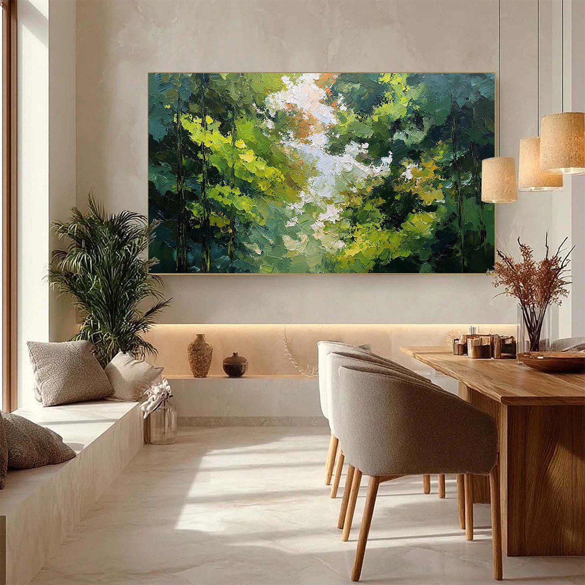 EMERALD LIGHT: Textured Forest Canopy Palette Knife Painting