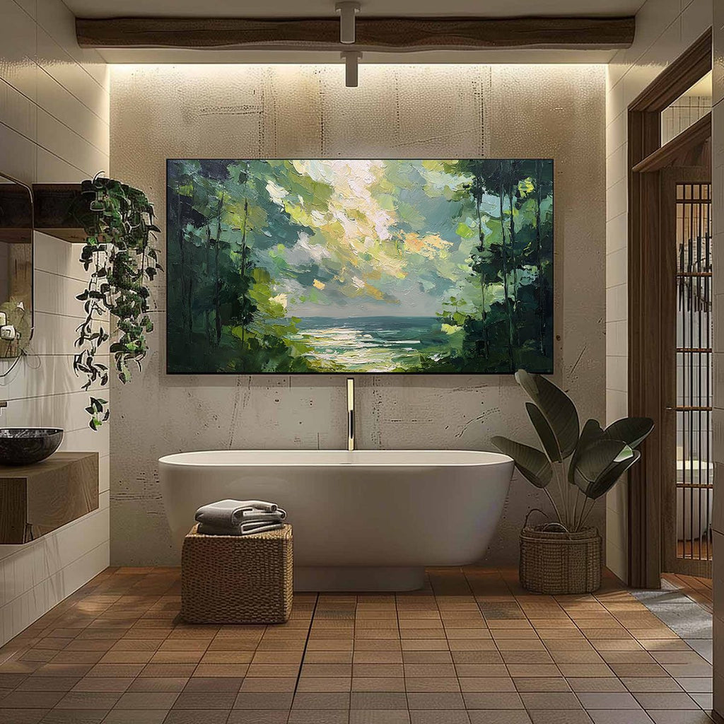EMERALD OVERLOOK: Textured Palette Knife Seascape Forest Painting