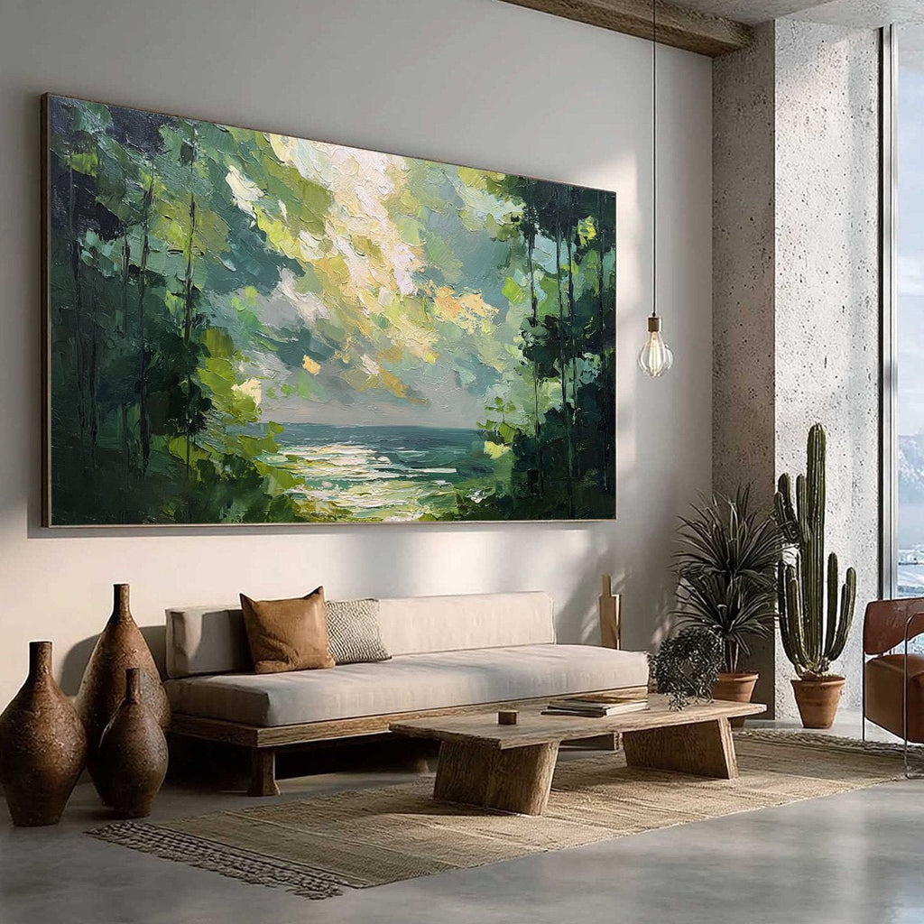 EMERALD OVERLOOK: Textured Palette Knife Seascape Forest Painting
