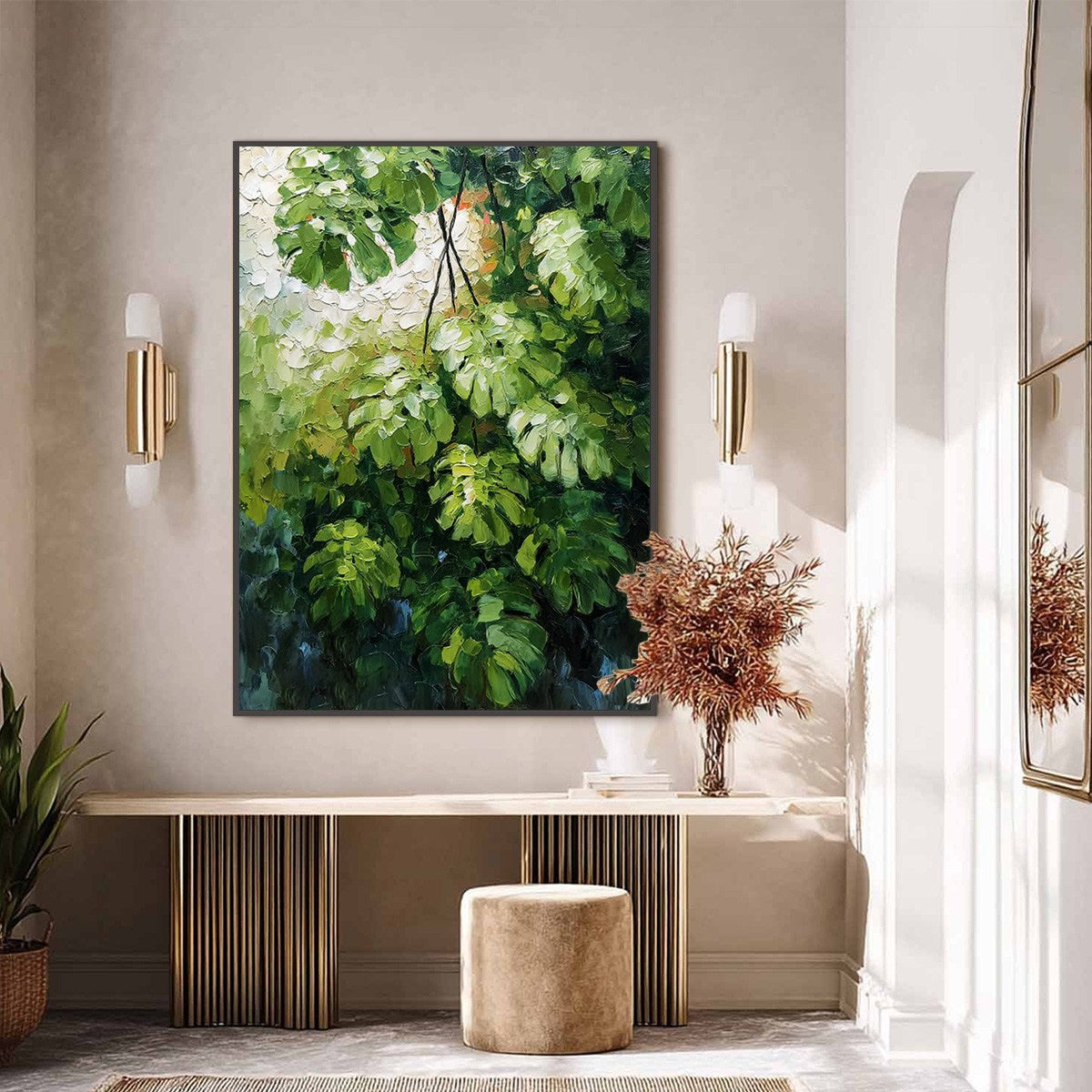 EMERALD SANCTUARY: Textured Green Monstera Leaf Impasto Oil Painting