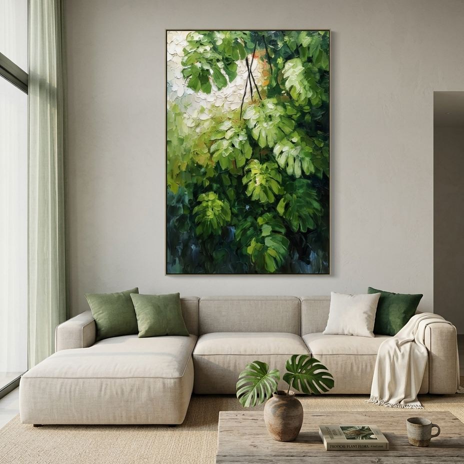 EMERALD SANCTUARY: Palette Knife Impasto Sculpted Monstera Leaves Canvas