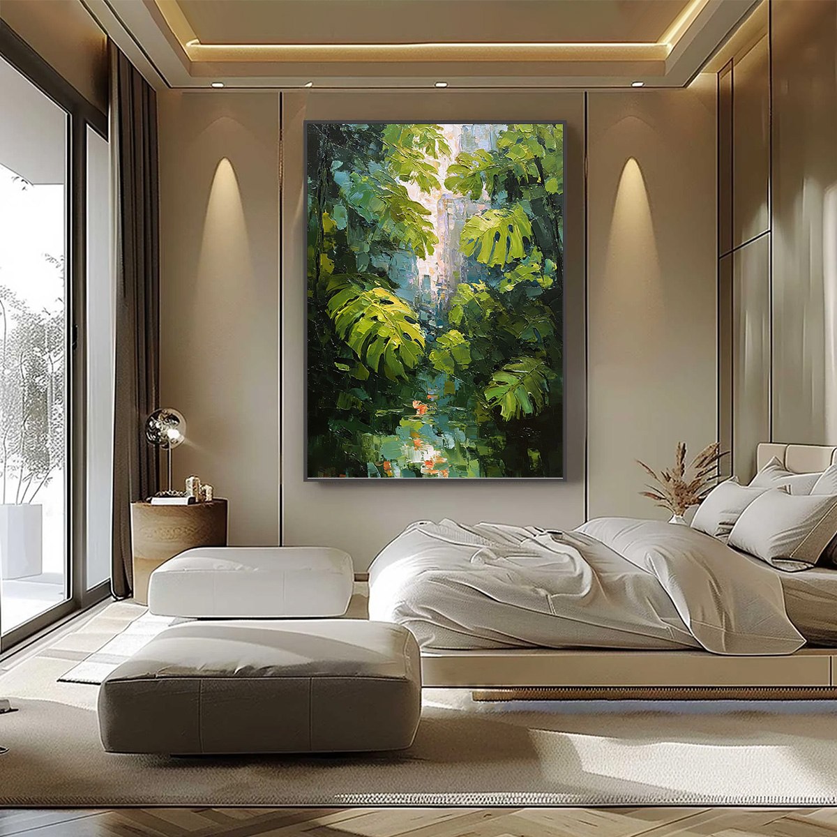 EMERALD SANCTUARY: Textured Impasto Forest & Plants Oil Painting