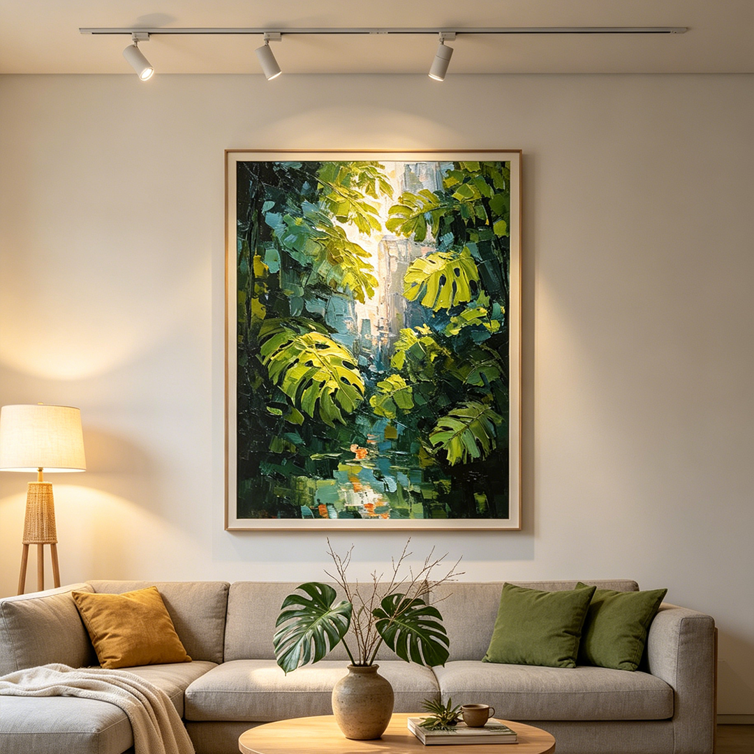 EMERALD SANCTUARY:  Impasto Monstera Leaves Sunlit Waters Canvas