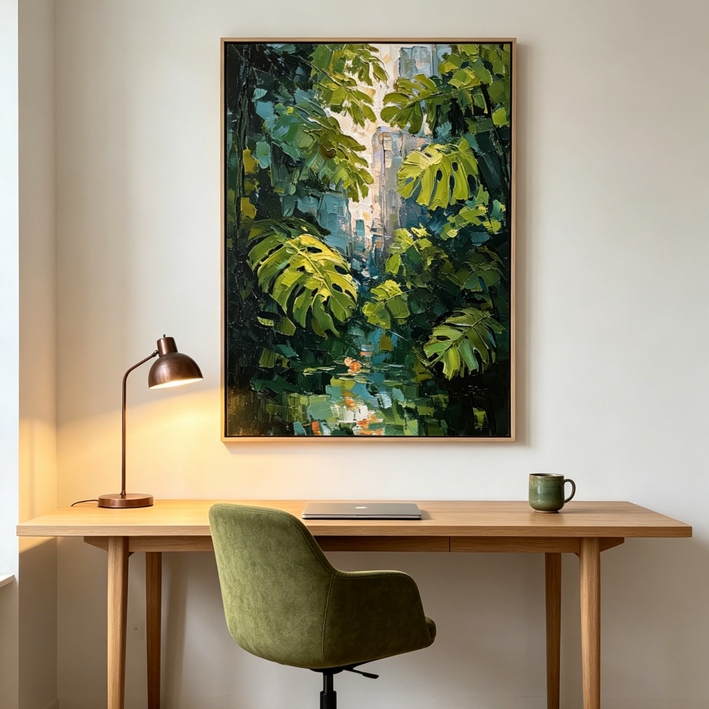 EMERALD SANCTUARY:  Impasto Monstera Leaves Sunlit Waters Canvas