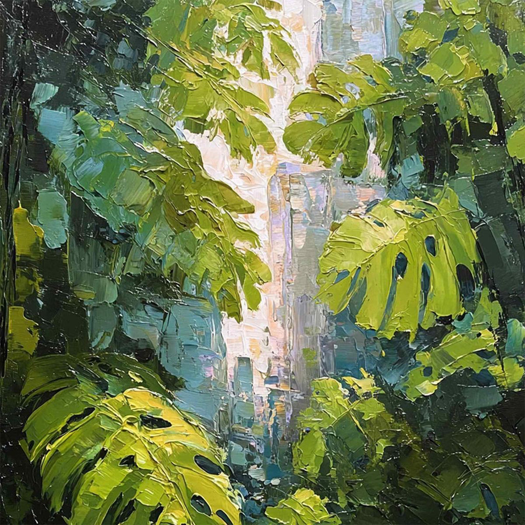 EMERALD SANCTUARY: Textured Impasto Forest & Plants Oil Painting