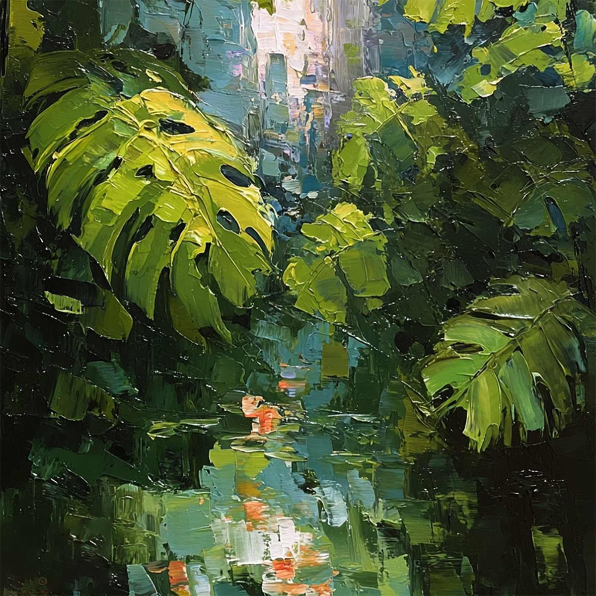EMERALD SANCTUARY: Textured Impasto Forest & Plants Oil Painting