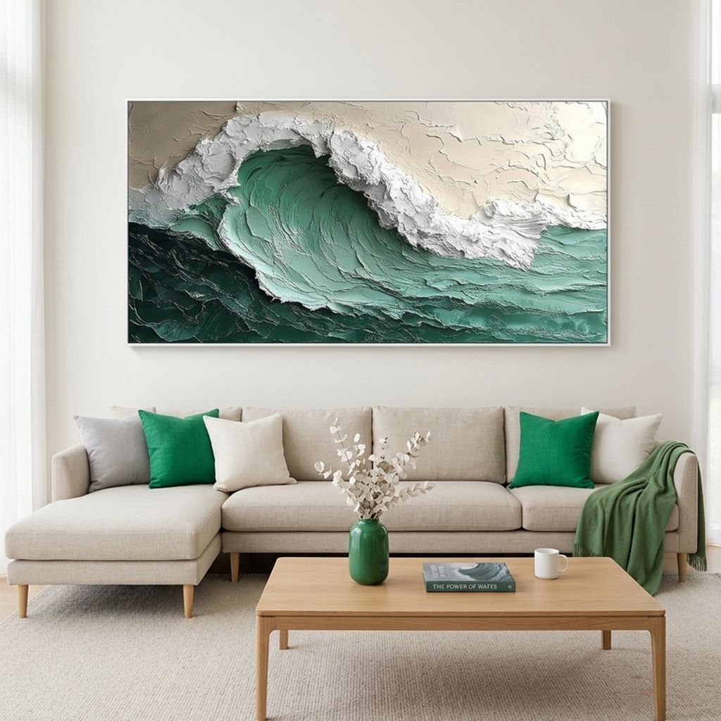 EMERALD CREST: Green White Beige Impasto Wave Painting Horizontal Canvas