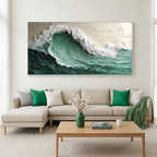 EMERALD CREST: Green White Beige Impasto Wave Painting Horizontal Canvas
