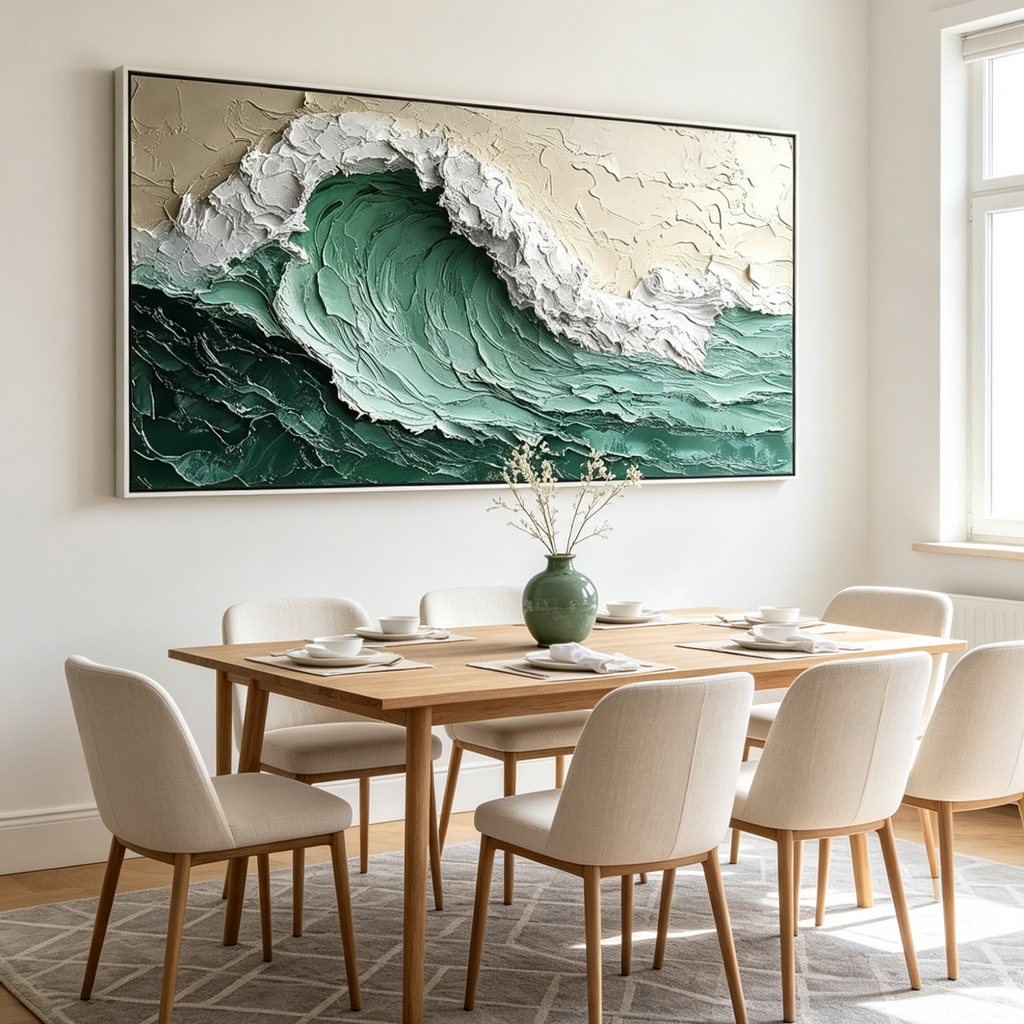 EMERALD CREST: Green White Beige Impasto Wave Painting Horizontal Canvas