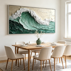 EMERALD CREST: Green White Beige Impasto Wave Painting Horizontal Canvas