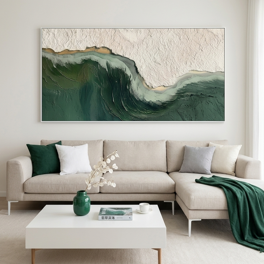 EMERALD DEPTHS: Textured Emerald Green White Waves Seascape Canvas