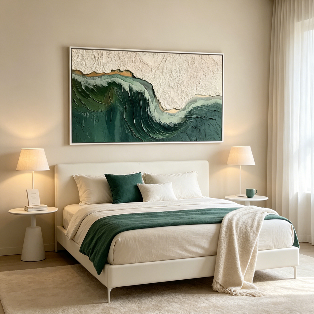 EMERALD DEPTHS: Textured Emerald Green White Waves Seascape Canvas