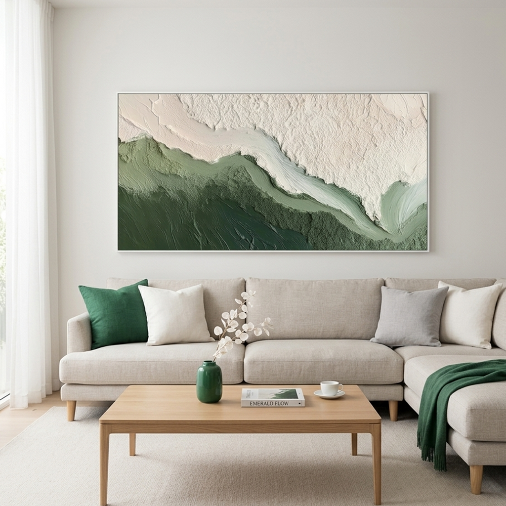EMERALD FLOW: Flowing Green White Textured Panoramic Abstract Canvas