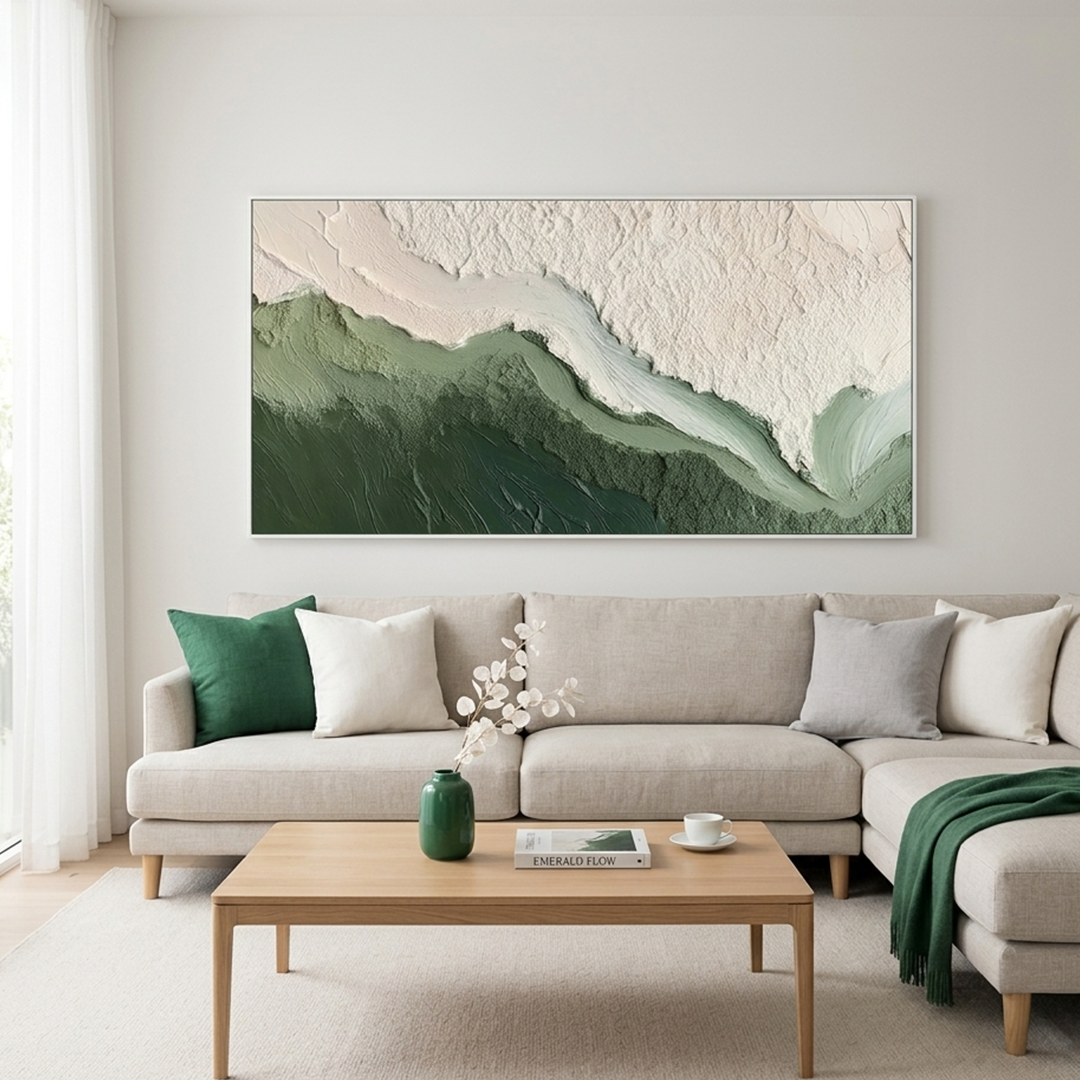 EMERALD FLOW: Flowing Green White Textured Panoramic Abstract Canvas