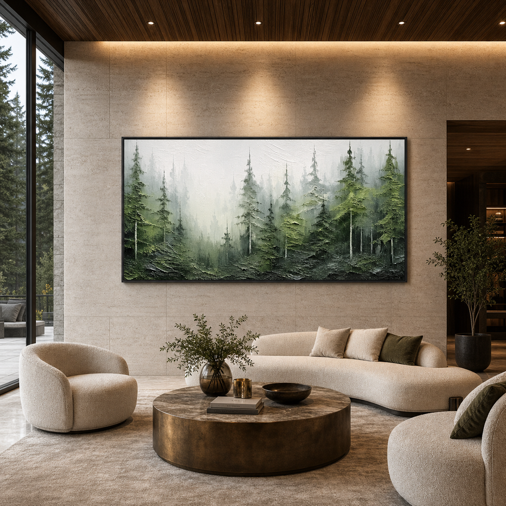 EMERALD FOREST: Misty Green Trees Textured Wabi Sabi Canvas