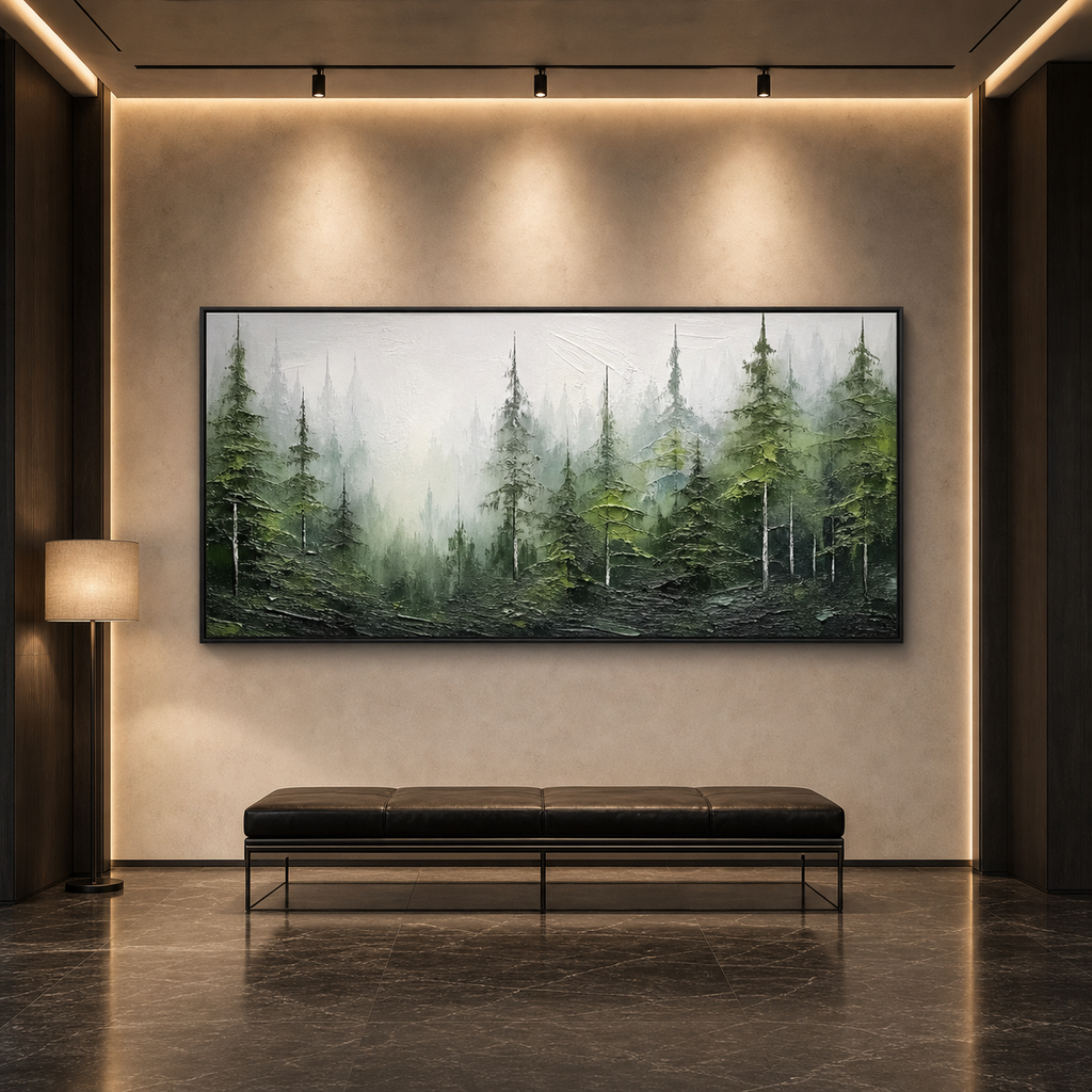 EMERALD FOREST: Misty Green Trees Textured Wabi Sabi Canvas