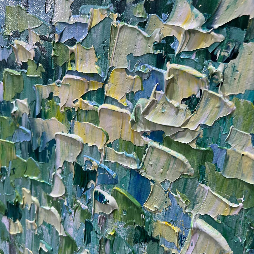 Emerald Forest abstract painting, vibrant green and blue canopy, light tree trunks, framed in sleek black.