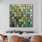 Emerald Mosaic: Original Abstract Green Oil Painting - Textured Square Wall Art