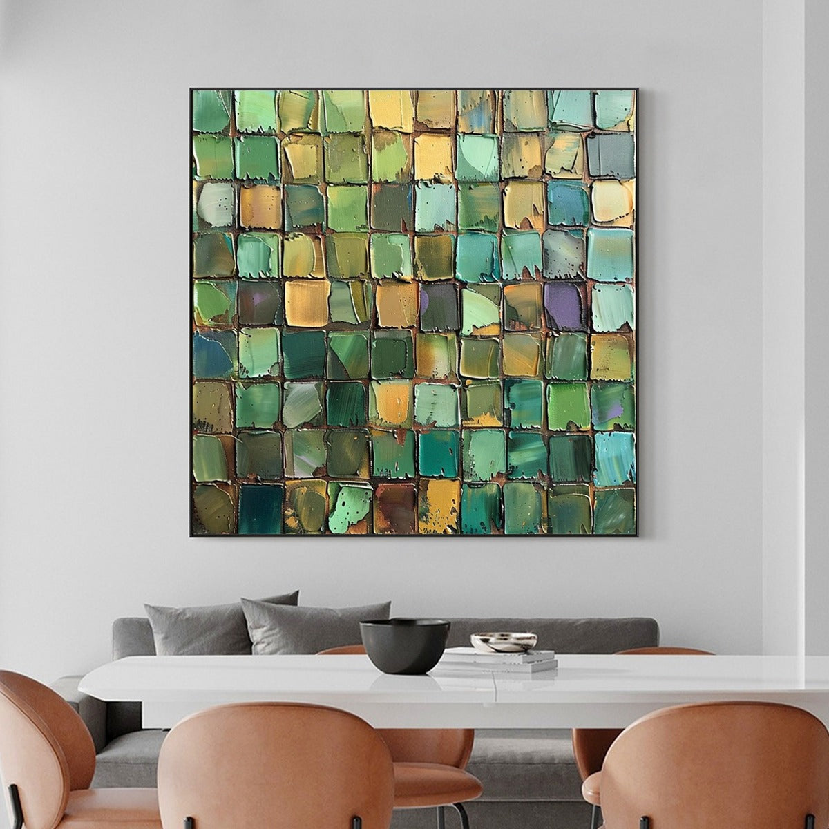 Emerald Mosaic: Original Abstract Green Oil Painting - Textured Square Wall Art