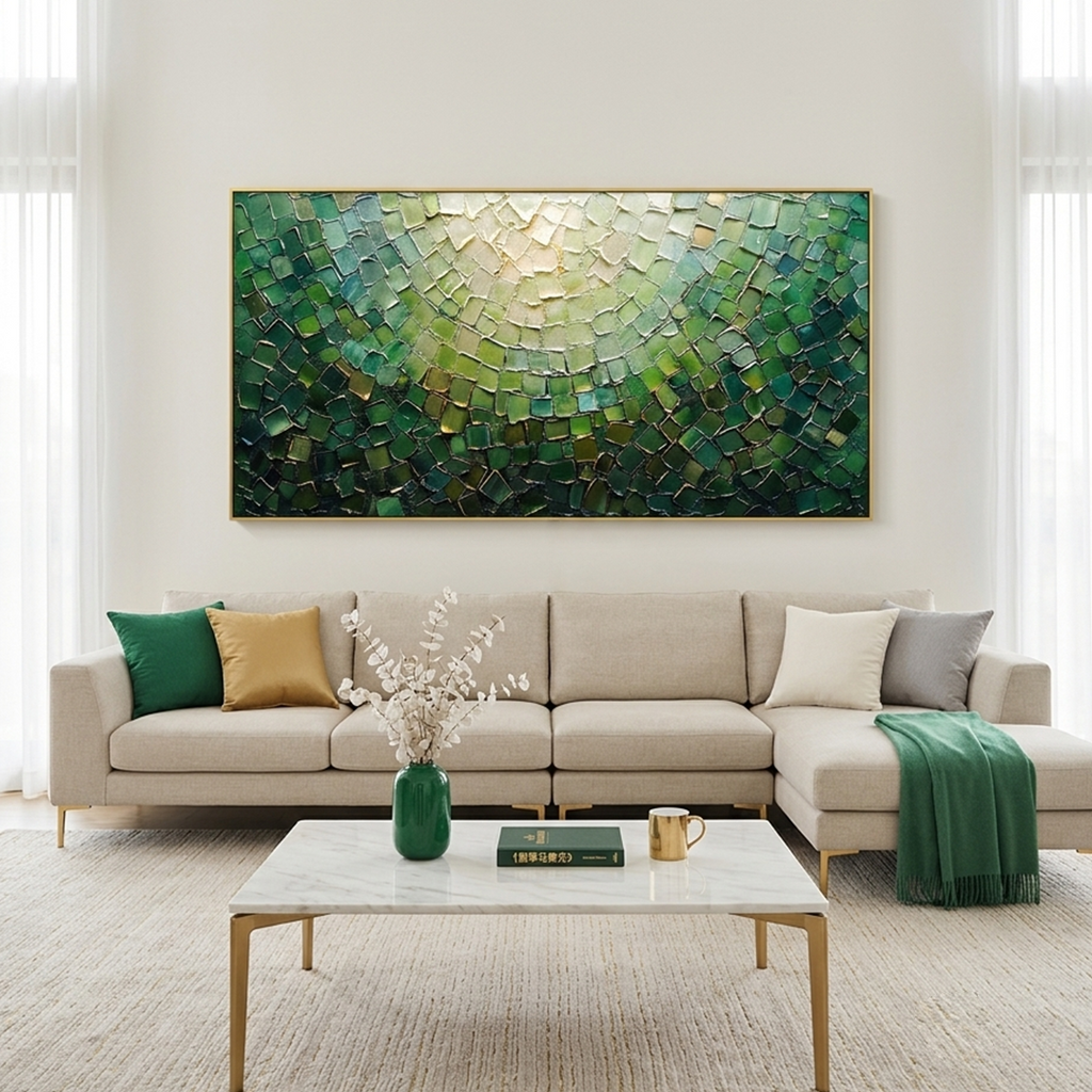 EMERALD MOSAIC: Textured Green And Gold Mosaic Pattern Panoramic Canvas