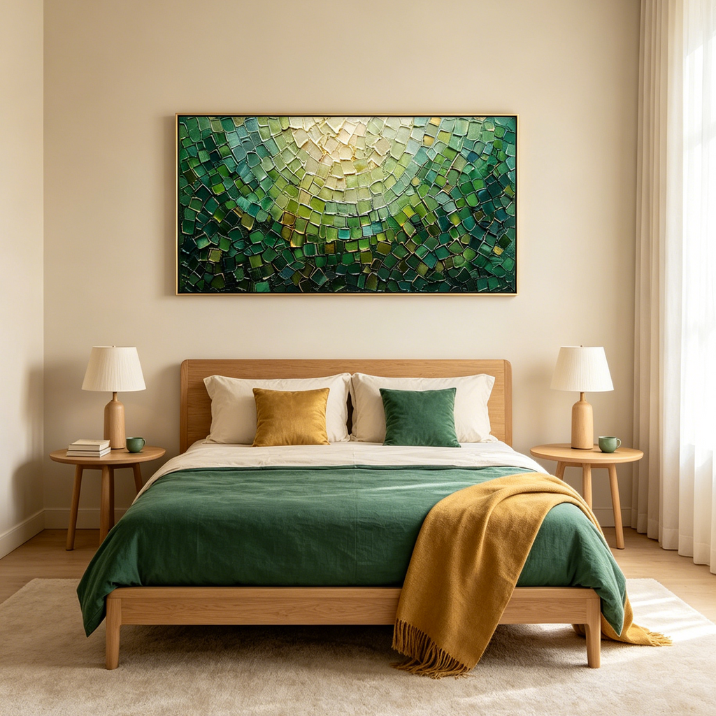 EMERALD MOSAIC: Textured Green And Gold Mosaic Pattern Panoramic Canvas