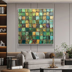 Emerald Mosaic: Original Abstract Green Oil Painting - Textured Square Wall Art