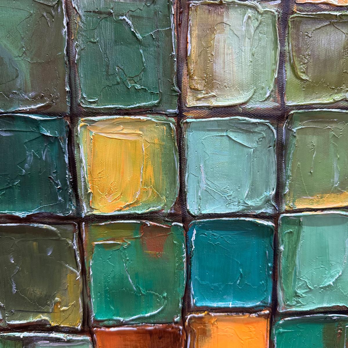 Emerald Mosaic: Original Abstract Green Oil Painting - Textured Square Wall Art
