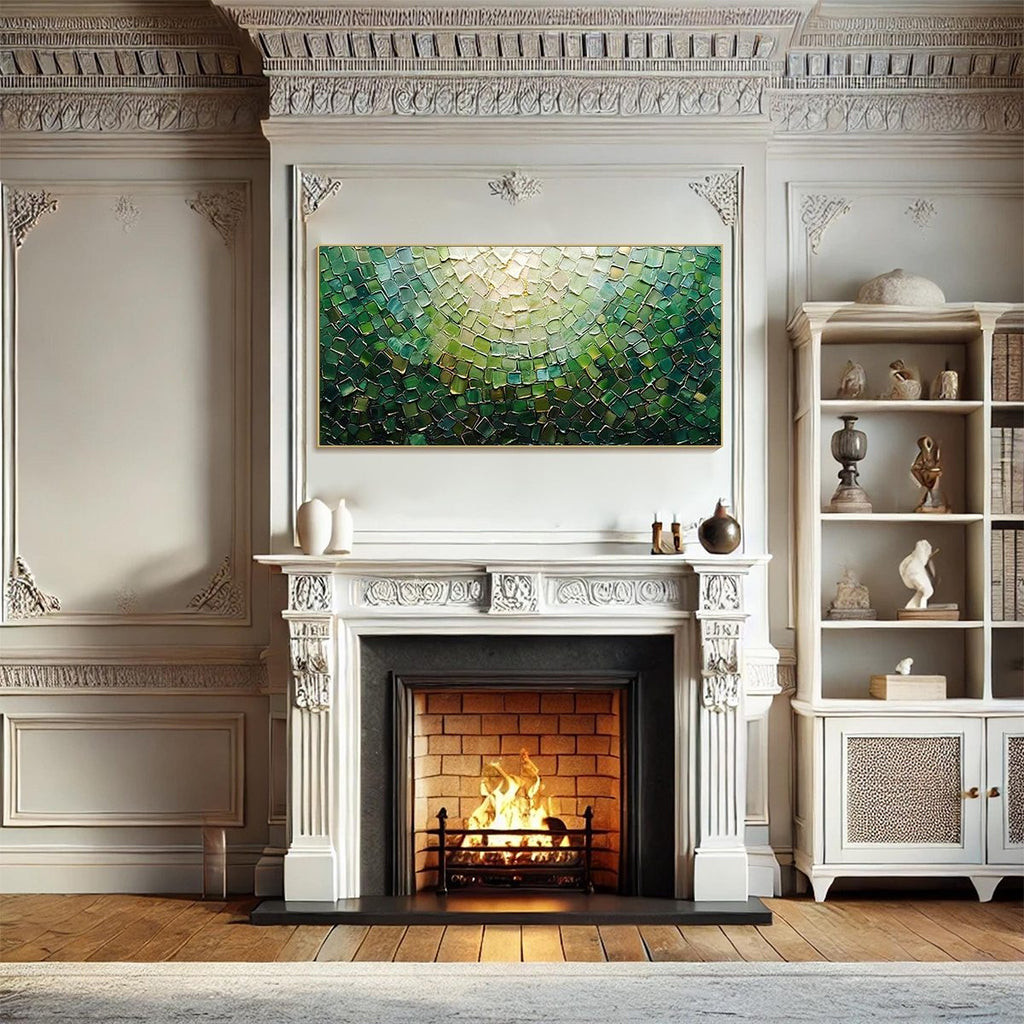 EMERALD MOSAIC: Textured Green And Gold Mosaic Pattern Panoramic Canvas