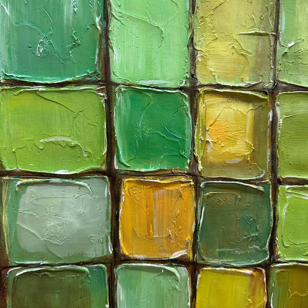 Emerald Mosaic: Original Abstract Green Oil Painting - Textured Square Wall Art