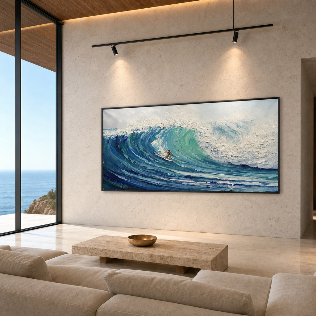 EMERALD SURGE: Surfer Riding Blue Green Wave Textured Canvas