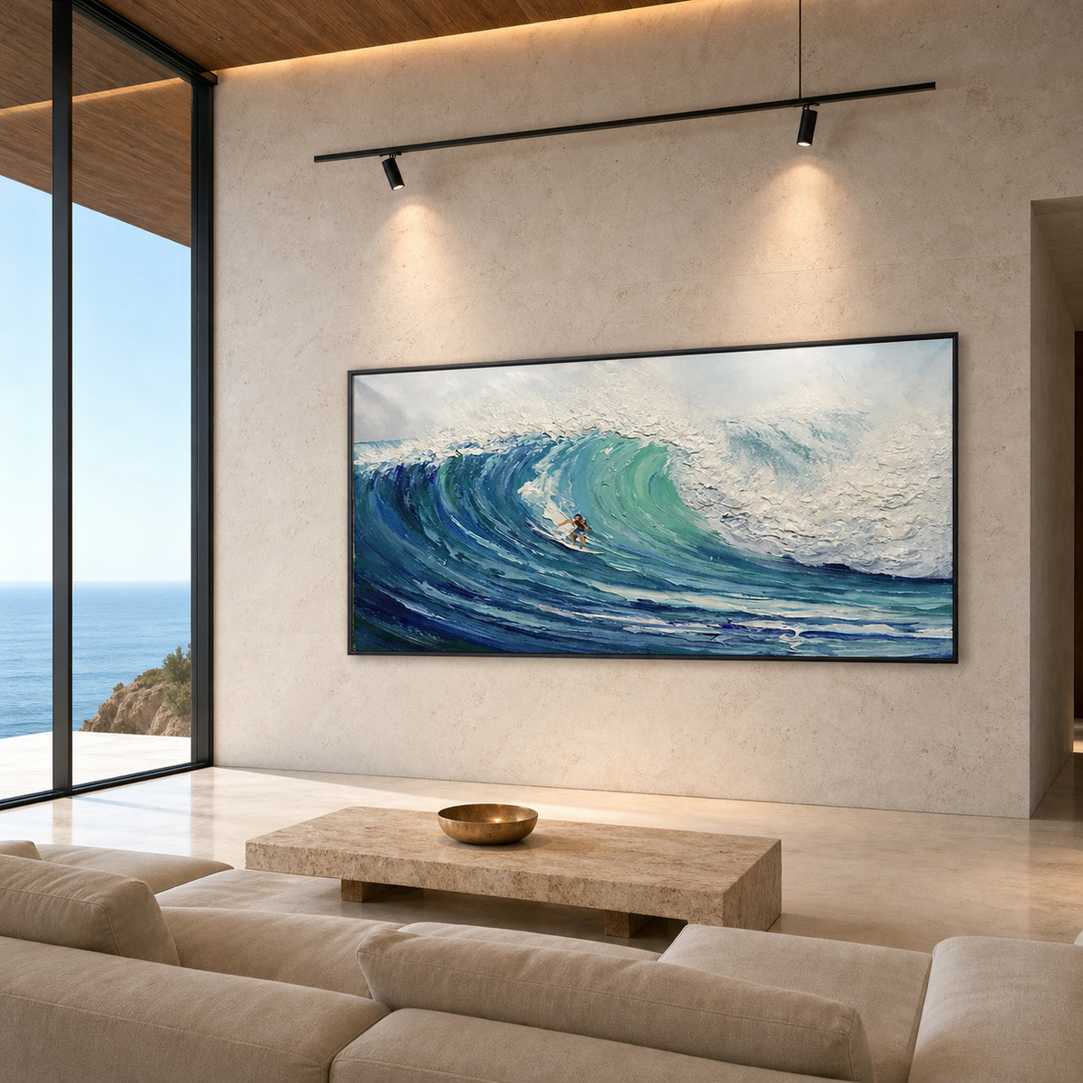 EMERALD SURGE: Surfer Riding Blue Green Wave Textured Canvas
