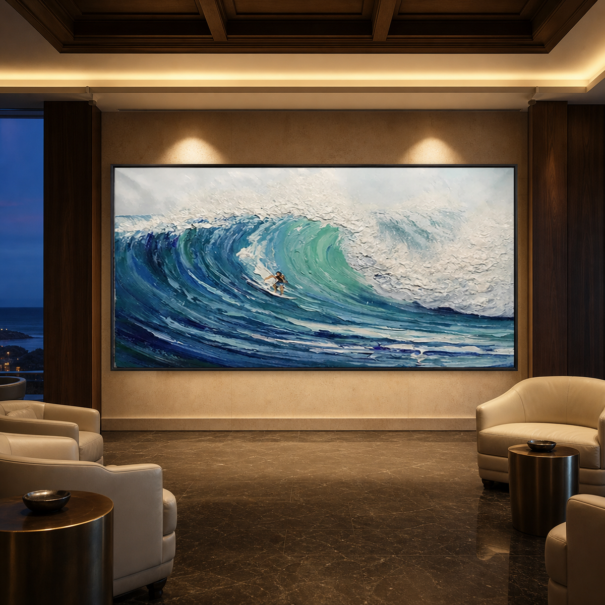 EMERALD SURGE: Surfer Riding Blue Green Wave Textured Canvas