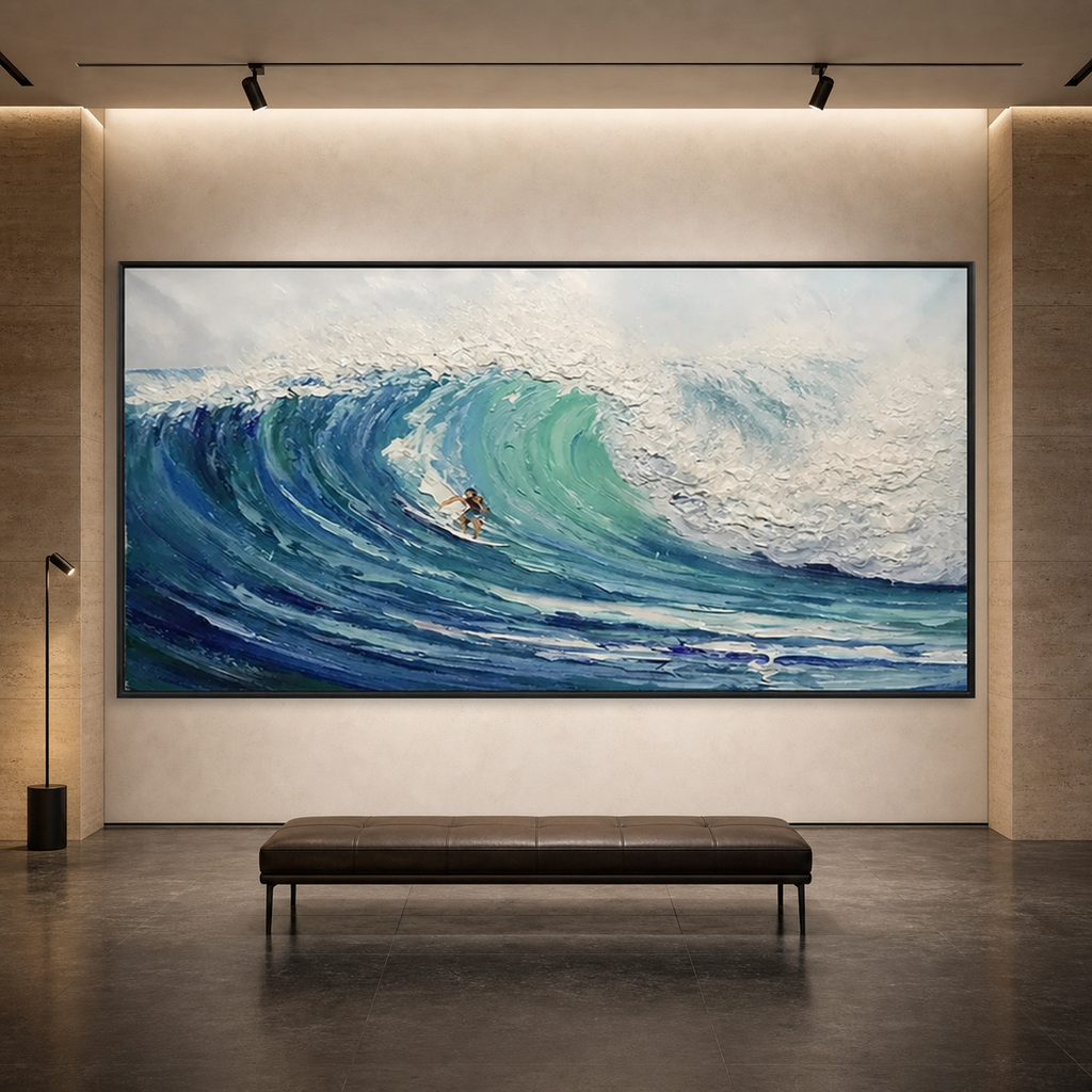 EMERALD SURGE: Surfer Riding Blue Green Wave Textured Canvas
