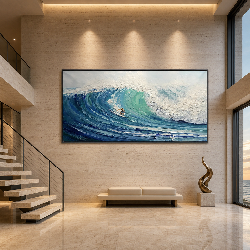 EMERALD SURGE: Surfer Riding Blue Green Wave Textured Canvas