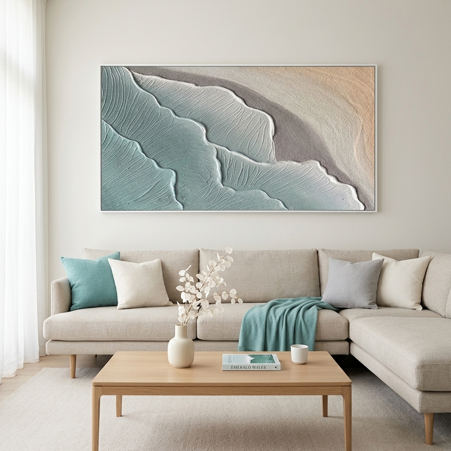 EMERALD WAVES: Textured Teal Rolling Waves Abstract Seascape Canvas