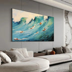 Panoramic Ocean Painting of Surfers on a Majestic Wave