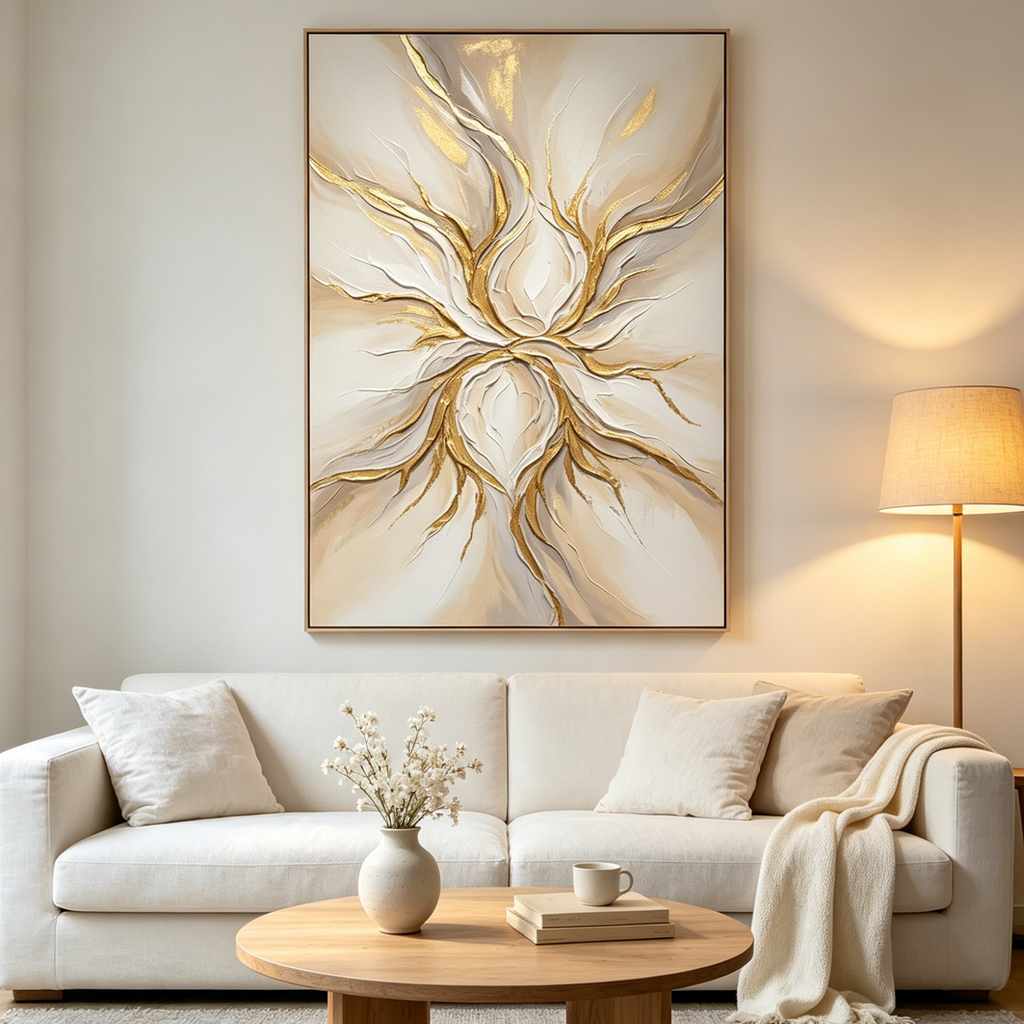 ETHEREAL BLOOM: Impasto White Beige Gold Leaf Abstract Floral Canvas