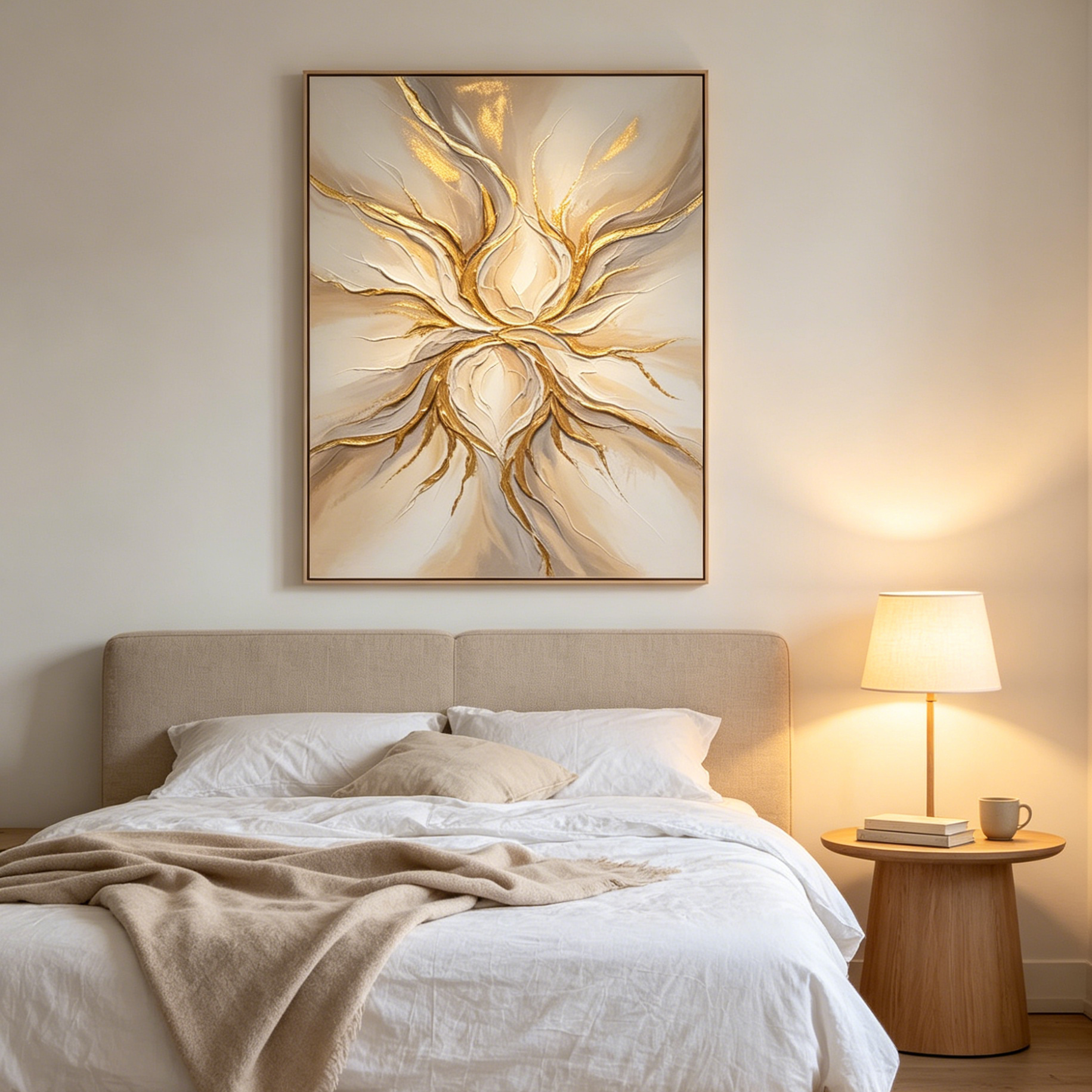 ETHEREAL BLOOM: Impasto White Beige Gold Leaf Abstract Floral Canvas