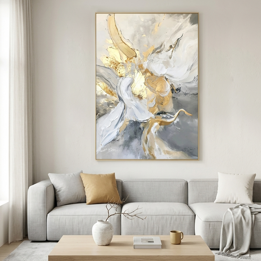 ETHEREAL GOLD: Impasto Mesmerizing White Grey Gold Canvas
