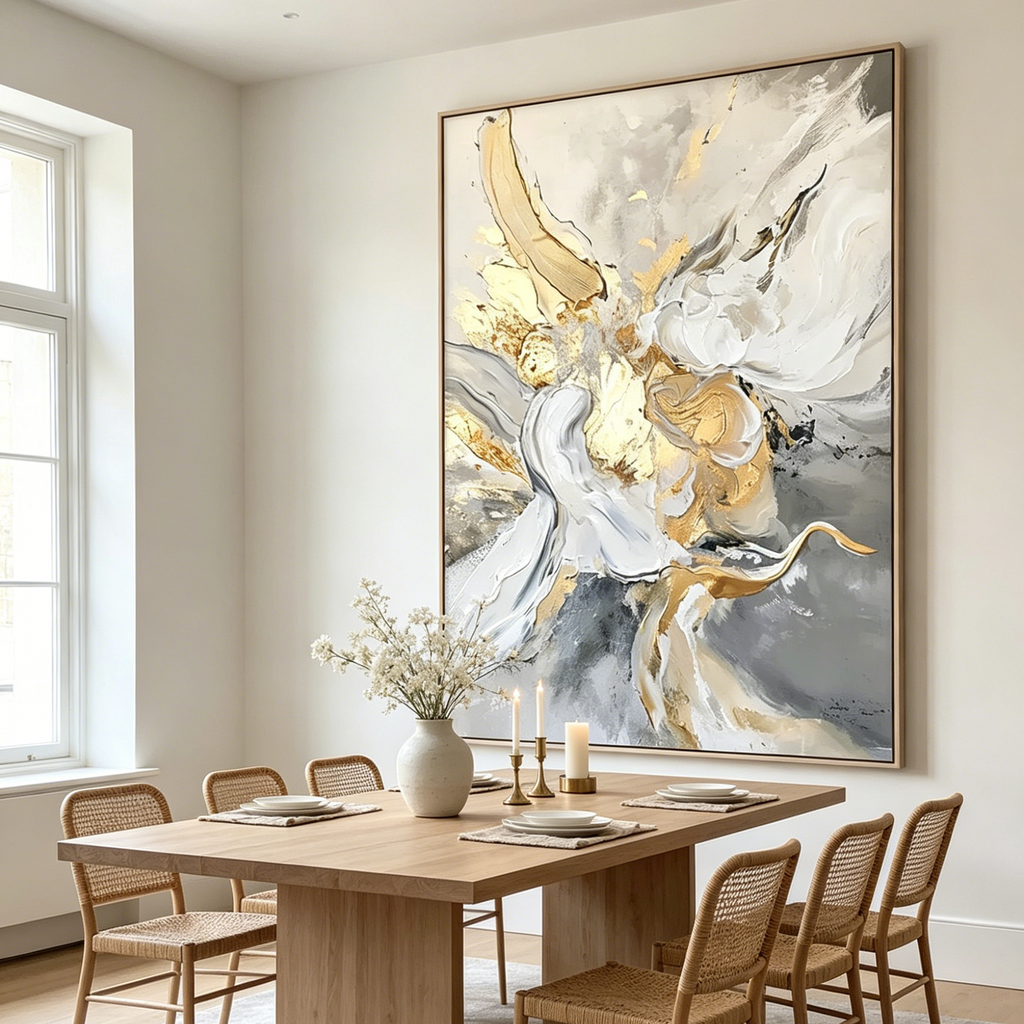 ETHEREAL GOLD: Impasto Mesmerizing White Grey Gold Canvas
