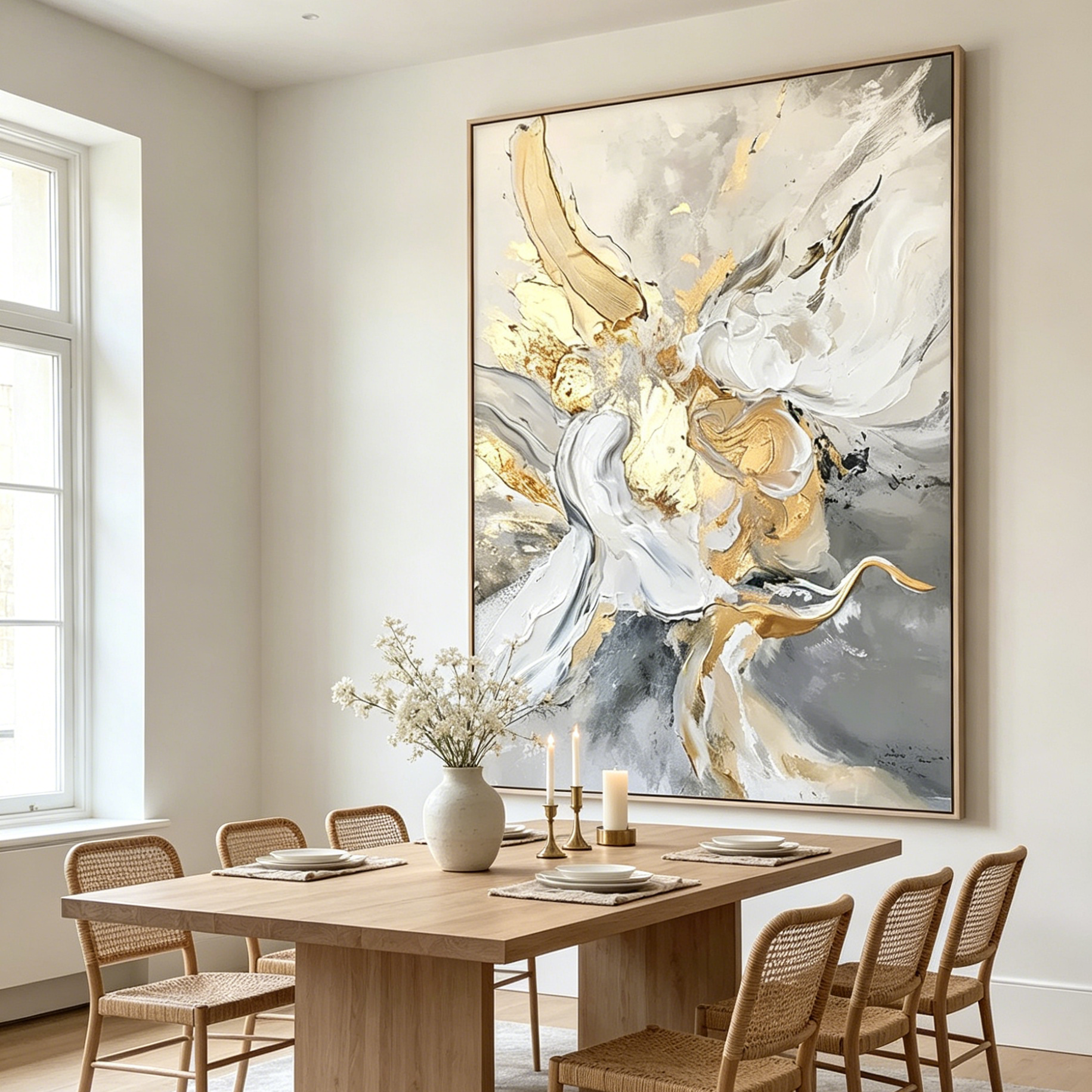 ETHEREAL GOLD: Impasto Mesmerizing White Grey Gold Canvas