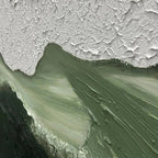 Close-up of Sage River impasto art: thick white paint peaks over flowing sage & deep forest green textures.