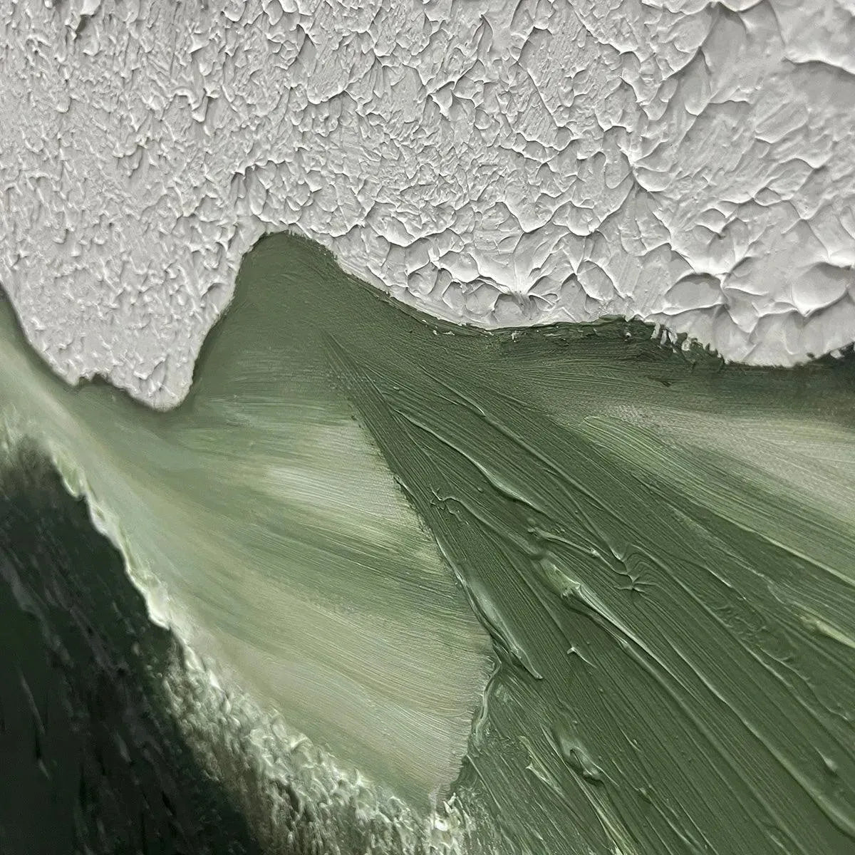 Close-up of Sage River impasto art: thick white paint peaks over flowing sage & deep forest green textures.