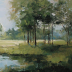 Emerald Sanctuary Green Forest River Landscape Oil Painting