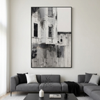 FADING FACADE: Textured Monochrome Building Black Grey Drips Canvas